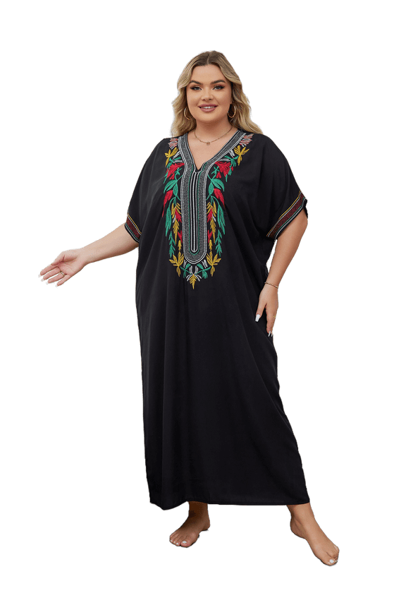 Black Kaftan Embroidered Dress Plus Size Short Sleeve Beachwear Nomadic Summer Outwear mumu Loungewear Comfortable Nightgown Lightweight Vacation Clothing
