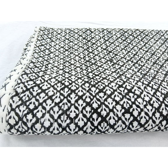 Black Kantha Quilt Handblock Print Black& white floral Kantha Indian Netural Colour Indian inspired Bedding Hand Stitched Rural Kantha Quilt A And E Textiles House