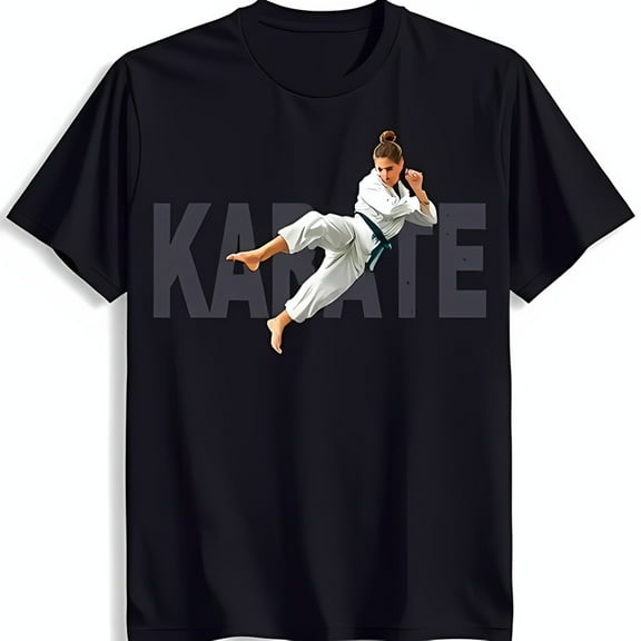 Black Karate T-Shirt with White Fighter Kicking in Gi Bold 'KARATE' Print