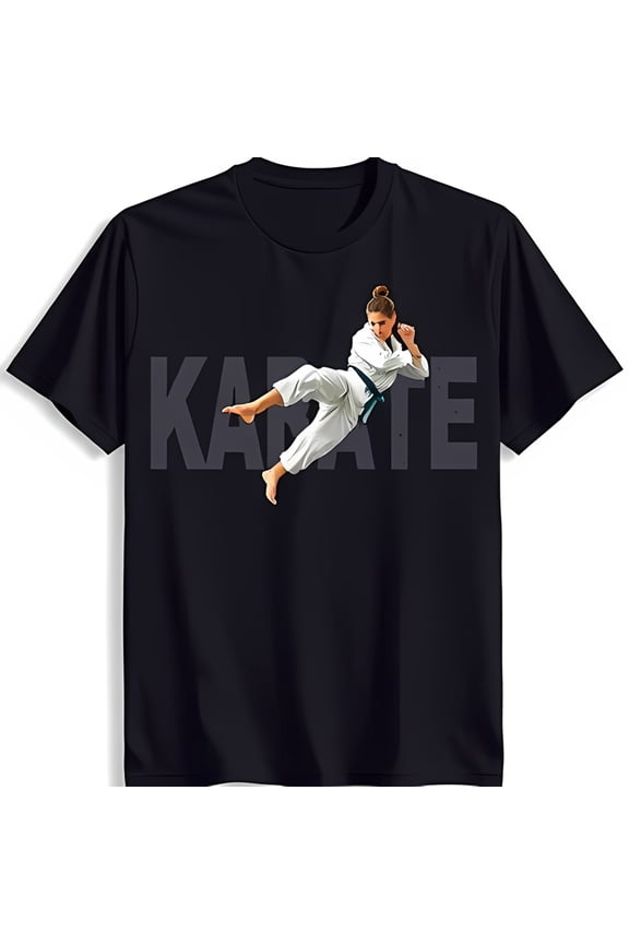 Black Karate T-Shirt with White Fighter Kicking in Gi Bold 'KARATE' Print