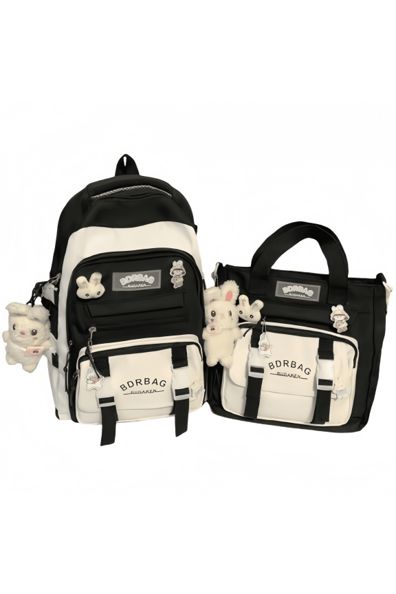 Student Cute Classic Black Backpack Set (2pcs: Backpack + Tote) - Stain-Resistant, Lightweight & Spacious, Versatile for School/Shopping/Outings