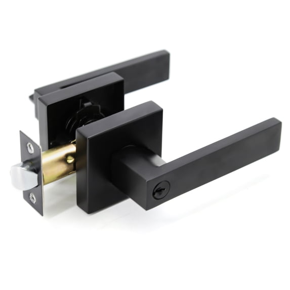 Black Keyed Door Lever Crown with Squared Door Handle Plate Easy Install by Villar Home Design