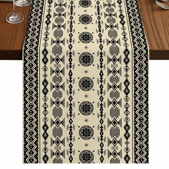Black Khaki Boho 72 Inch Table Runner, Vintage Ethnic Tribe Abstract Art Retro Farmhouse Dresser Scarf Cotton & Linen Tablerunner for Dining/Kitchen Island/Holiday Party Décor 13" x 72"