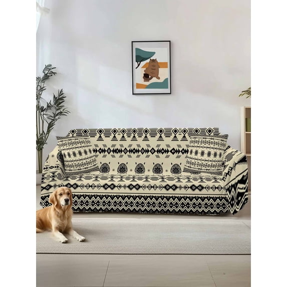 Black Khaki Boho Couch Cover for 2 Cushion Sofa, Vintage Ethnic Tribe Abstract Art Retro Washable Loveseat Sofa Covers Slipcover for Sectional Sofas L-Shaped, Couch Throw Cover 71"x118"
