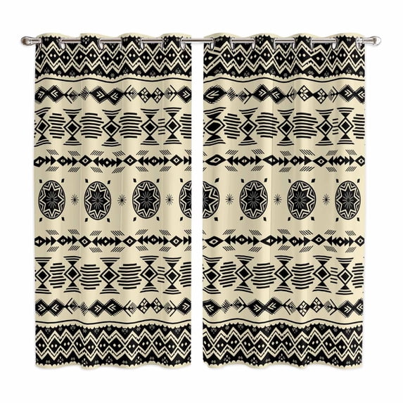 Black Khaki Boho Kitchen Curtains Window Panels, Vintage Ethnic Tribe Abstract Art Retro Insulated Window Treatment Curtain, Grommet Curtains for Bedroom/Living Room/Bathroom, 2 Piece 42"Wx63"L
