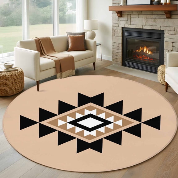 Black Khaki Boho Round Area Rug 5 FT, Non Slip Bedroom Area Rug, Aztec Southwest Ethnic Geometric Art Washable Soft Circular Carpet Non-Shedding Floor Mat for Kitchen Dining Room Foyer Balcony Dorm
