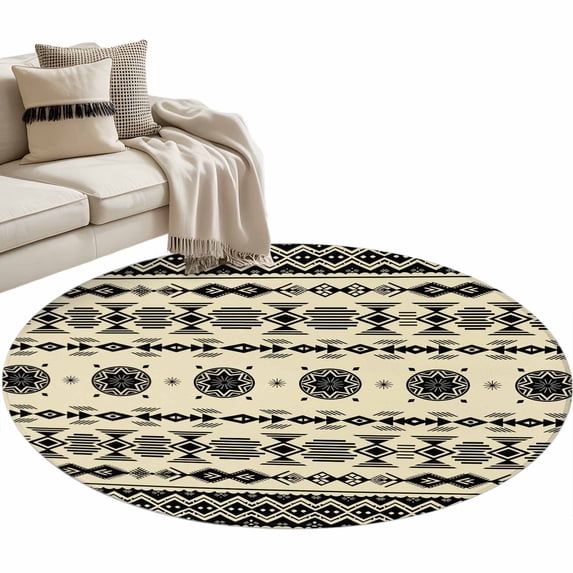 Black Khaki Boho Round Area Rugs Collection 3.3', Vintage Ethnic Tribe Abstract Art Retro Non Slip Indoor Circular Throw Runner Rug Floor Mat Carpet for Living Room Dining Table Bedroom Nursery