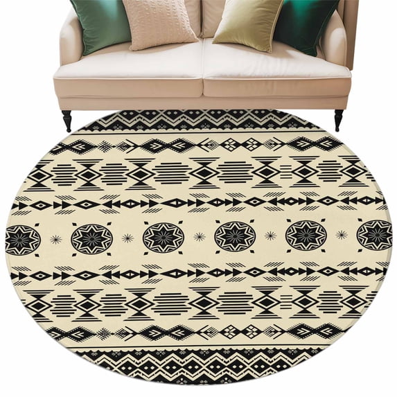 Black Khaki Boho Round Area Rugs Collection 8', Vintage Ethnic Tribe Abstract Art Retro Non Slip Indoor Circular Throw Runner Rug Floor Mat Carpet for Living Room Dining Table Bedroom Nursery
