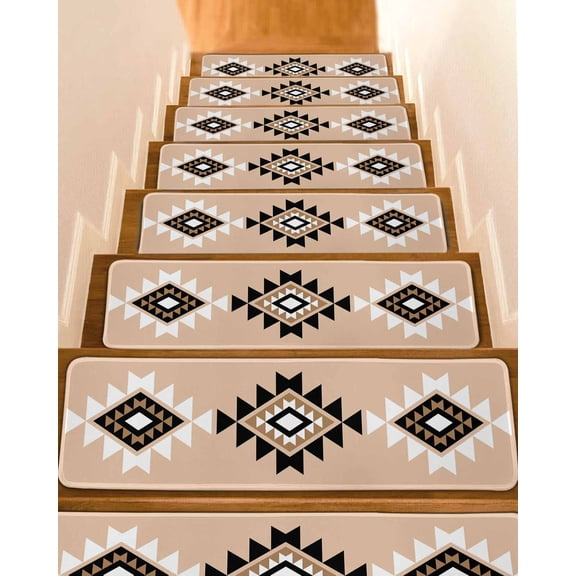 Black Khaki Boho Stair Treads for Wooden Steps Indoor Runner Rug Carpet, Aztec Southwest Ethnic Geometric Art 4 Pieces Peel and Stick Staircase Step Treads Covers Washable Throw Door Mats, 30"x8"