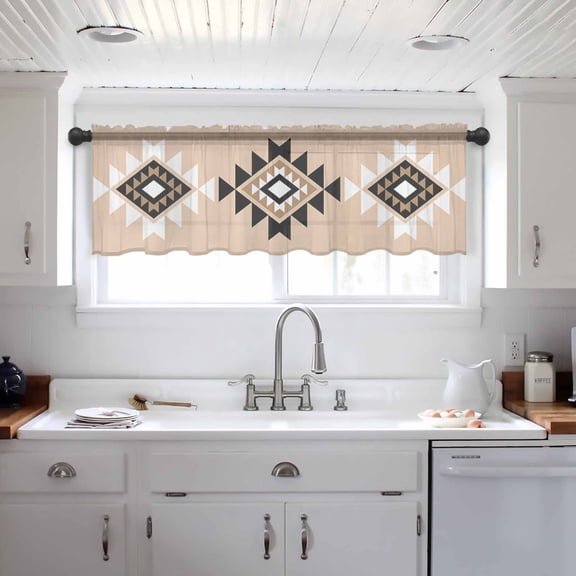 Black Khaki Boho Valance Curtains for Kitchen/Living Room/Bathroom/Bedroom Window, Aztec Southwest Ethnic Geometric Art Rod Pocket Small Topper Half Short Window Curtains Voile Sheer Scarf 42"x18"