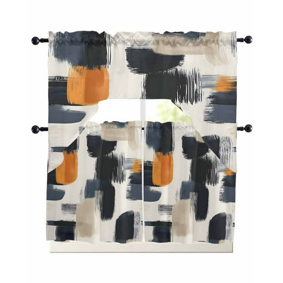 Black Khaki Kitchen Curtains Sets 24 Inch Length with Valance, Geometric Simple Middle Century Art Swag Valances and Tiers Curtain Set Drapes Swag Curtains for Living Room, Bathroom, Bedroom, Cafe