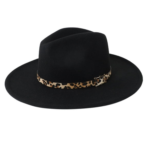 Black / Khaki Leopard Band Fedora Panama Upturn Wide Brim Cotton Blend Felt Hat