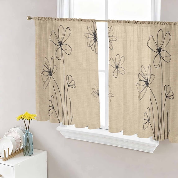 Black Khaki Sheer Curtains 45 Inch Length 2 Panels Set - Light Filtering Window Treatments, Spring Flora Rod Pocket Semi Curtains for Living Room/Bedroom/Kitchen Décor, 104"W x 45"L
