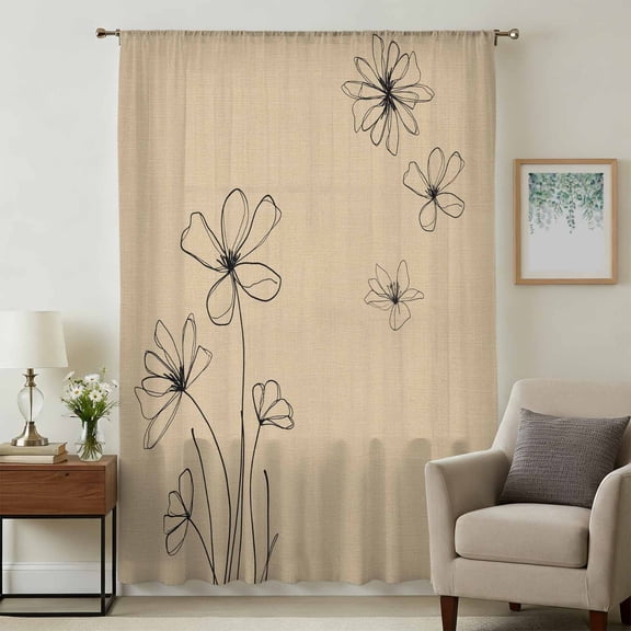 Black Khaki Sheer Curtains 45 Inches Long, Spring Flora Light Filering Curtains, Breathable Simi Curtain Privacy Drapes for Kitchen Bathroom Lightweight Small Window Treatment