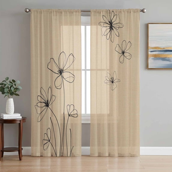 Black Khaki Sheer Curtains 96 Inch Length 2 Panels Set - Light Filtering Window Treatments, Spring Flora Rod Pocket Semi Curtains for Living Room/Bedroom/Kitchen Décor, 104"W x 96"L