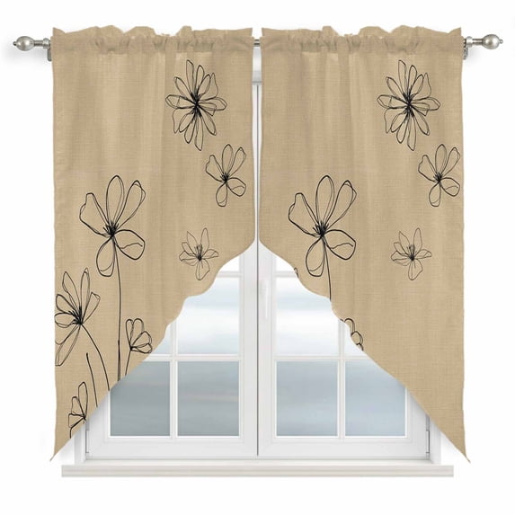 Black Khaki Swag Valances for Windows, Kitchen Curtains 36 Inch Length 2 Panels Set, Spring Flora Short Curtains for Small Windows Rod Pocket Cafe Curtains Drapes 28"x36"