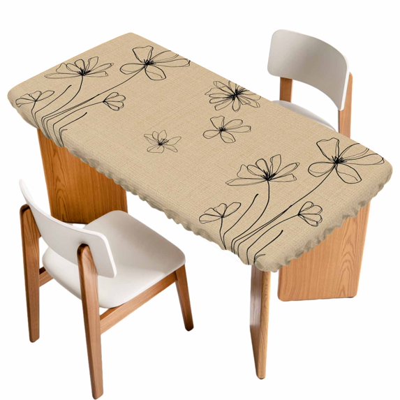 Black Khaki Table Cloths for 4 Foot Rectangle Tables, Spring Flora Patio Waterproof Elastic Fitted Tablecloths, Washable Rectangular Table Cover for Camping