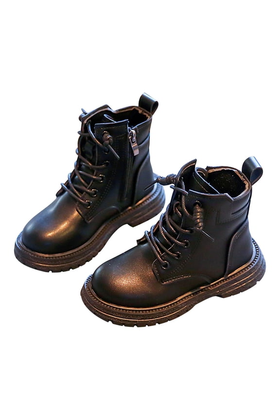 Black Kids' Boots With Faux Leather Construction And Rubber Sole, Offering Reliability And Fun In Chilly Weather