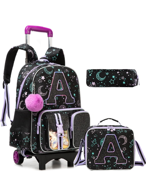 Black Kids Rolling Backpack for Girls Cute Roller Backpacks for School Wheeled Bookbag with Wheels with Lunch Box Pencil Case for Pupil Ages 6-12