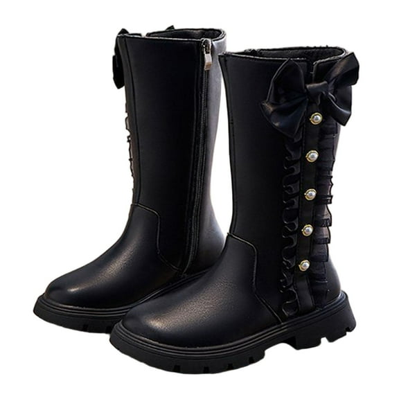 Black Kids Stylish Boots Featuring Long Shaft And Ribbon Accent Artificial Leather For Fall And Winter 2025 Ages 6.5-7 Years Us Size 12.5