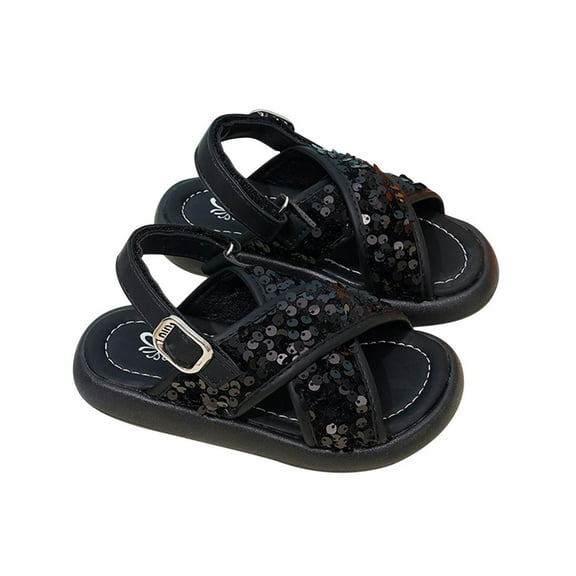 Black Kids' Summer Footwear With Elevated Sole And Sequined Touches, Offering Fashion And Function In Heat For Active Play And Style