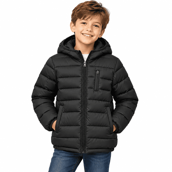 Black Kids Warm Winter Coat for Boys Size 14-15 Years, Hooded Padded Jacket with Zip Chest Pocket and Everyday Outerwear Clothes
