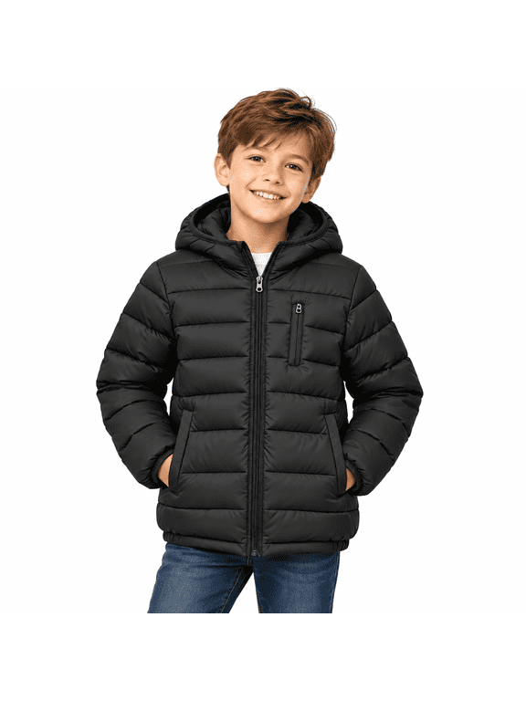 Black Kids Warm Winter Coat for Boys Size 16-17 Years, Hooded Padded Jacket with Zip Chest Pocket and Everyday Outerwear Clothes