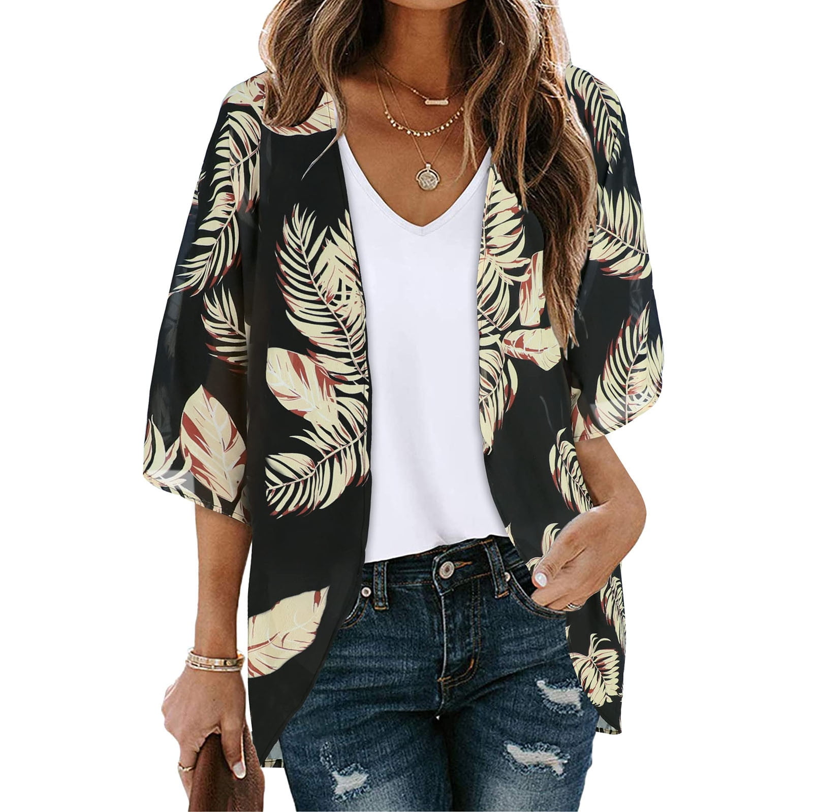 Black Kimono Cardigans for Women Dressy Long Cardigans for Women Summer Chiffon Floral Print Puff Sleeve Kimono Cardigan Loose Beach Cover Up Casual