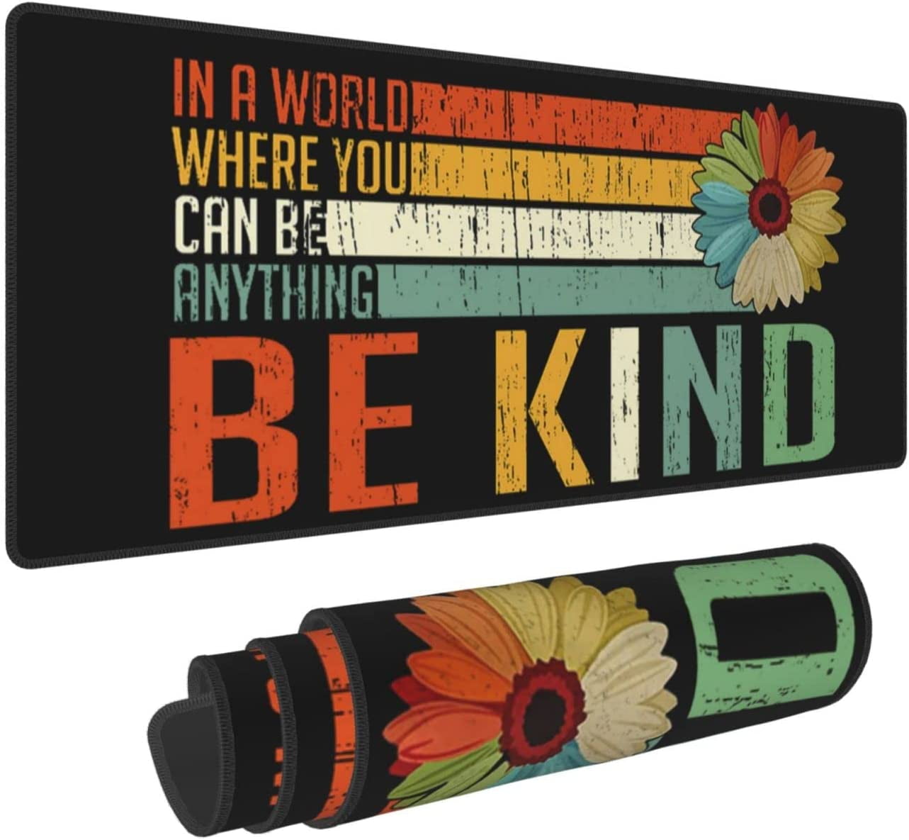 Black Kind World Flower Where Anything Mouse Pad XL Extended Desk Mat, Non Slip Rubber Base Stitched Edge Gaming Pc Desktop Large Mice Pad,31.5 x 11.8 Inch