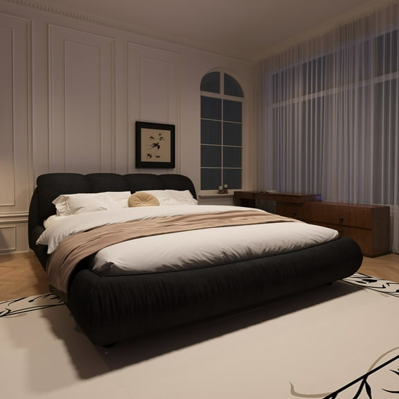 Black King Bed With Thick Sponge Filled Headboard And Solid Wood Slat System Elegant Size Frame, Waterproof Upholstery, Finish