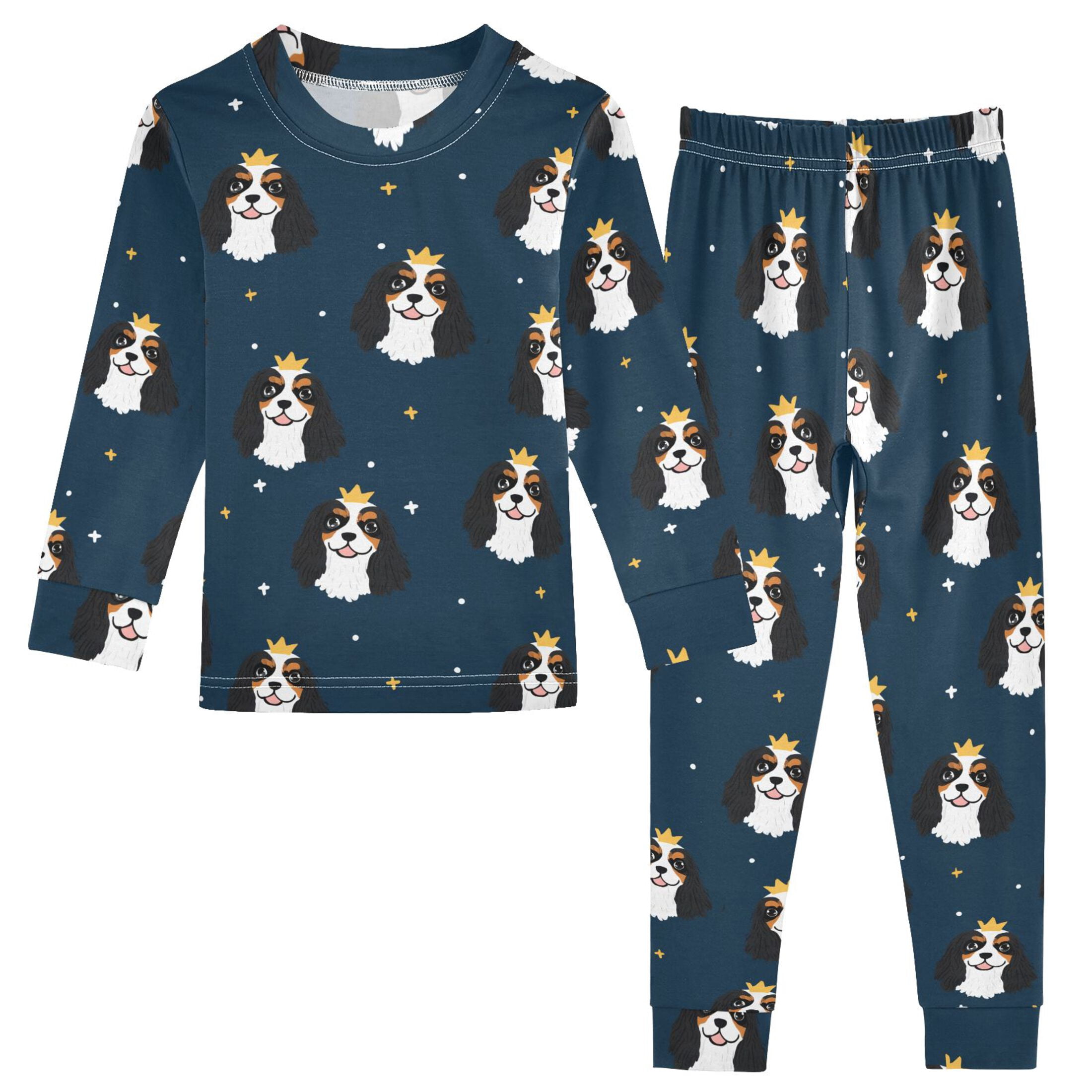 Black King Charles Dog Pattern Cotton Pajamas 2 Piece Set Sleepwear ...