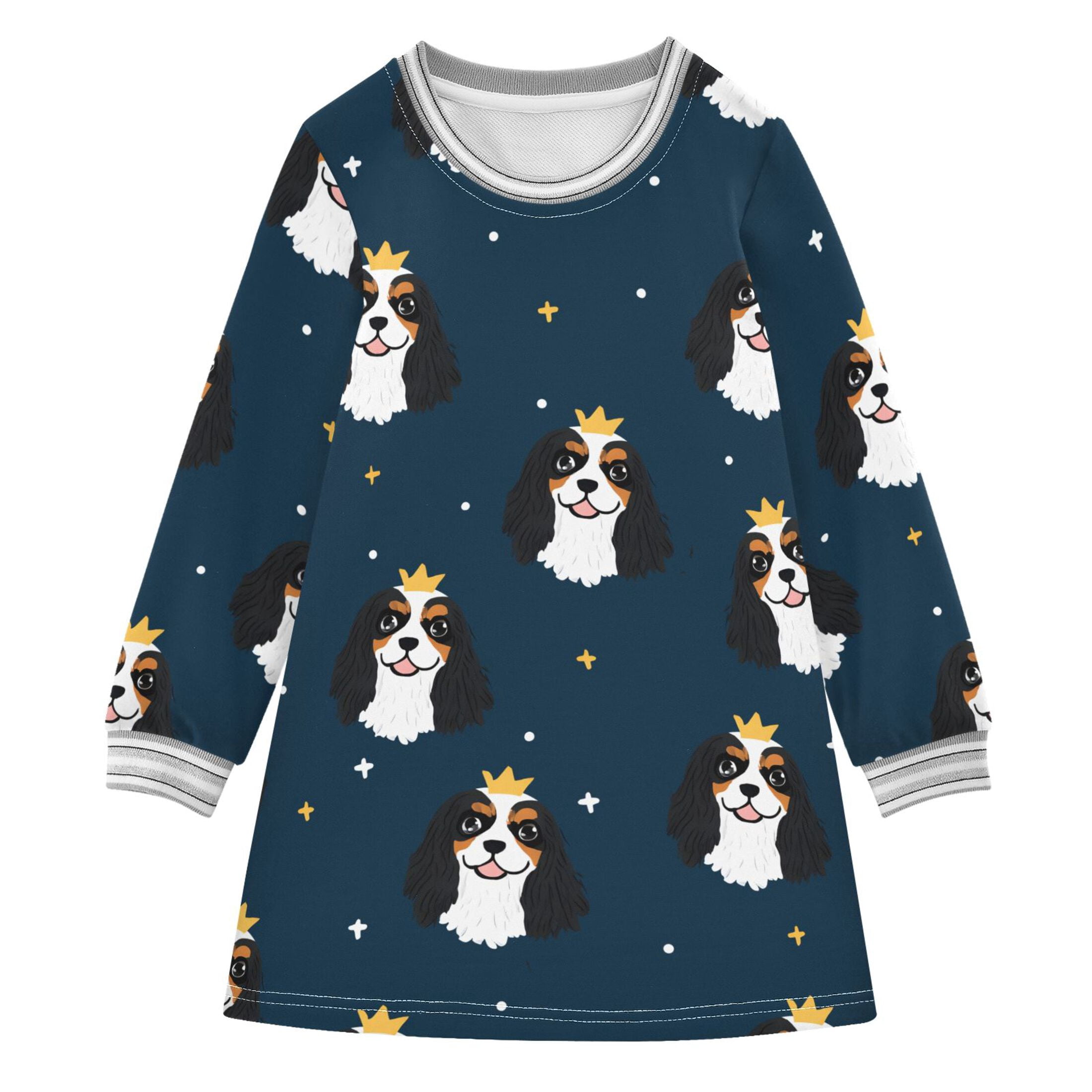 Black King Charles Dog Pattern Girls'long-sleeved dress Thickened A ...