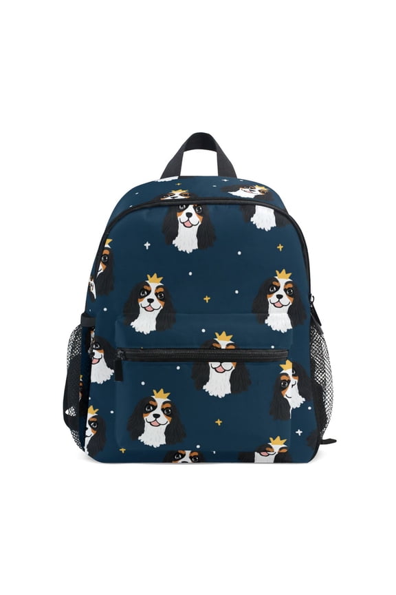 Black King Charles Dog Pattern Mini Backpack Cute Small Backpack with Chest Strap and Whistle Ages 3-8