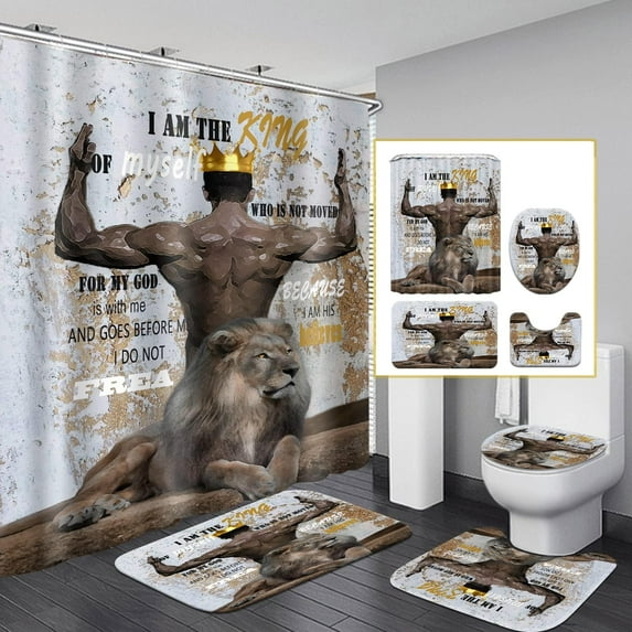 Black King Lion Shower Curtain Sets, Inspirational Quote Bahtroom Shower Curtains with Rugs, Toilet Lid Cover, Bath Mat, Waterproof Fabric Brown Black Man Animal Shower Curtains with Hooks