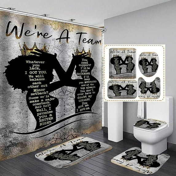 Black King Queen Bathroom Sets with Shower Curtain and Rugs, African American Couples Shower Curtains with Hooks for Bathroom Decor, Black Man Woman Fabric Bathroom Shower Curtain Set