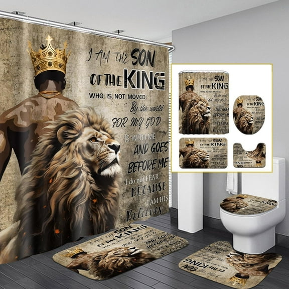 Black King Shower Curtain Sets, Cool Man Bahtroom Accessories Sets with Shower Curtain and Rugs, Toilet Lid Cover, Bath Mat, Powerful African American Fabric Valentines Shower Curtains with Hooks