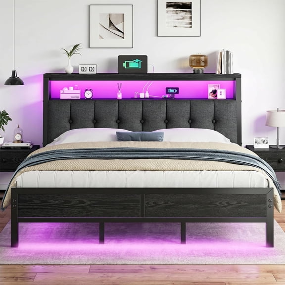 Black King Size Bed Frame with Smart LED Lights, Upholstered Headboard with Type-C Charging, 12-Inch Under-Bed Storage