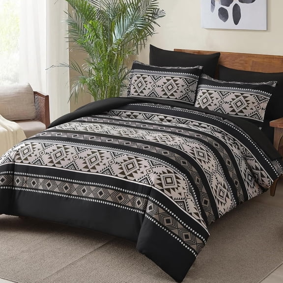 Black King Size Comforter Set, 7 Pieces Striped Bed in a Bag Western Bedding Set