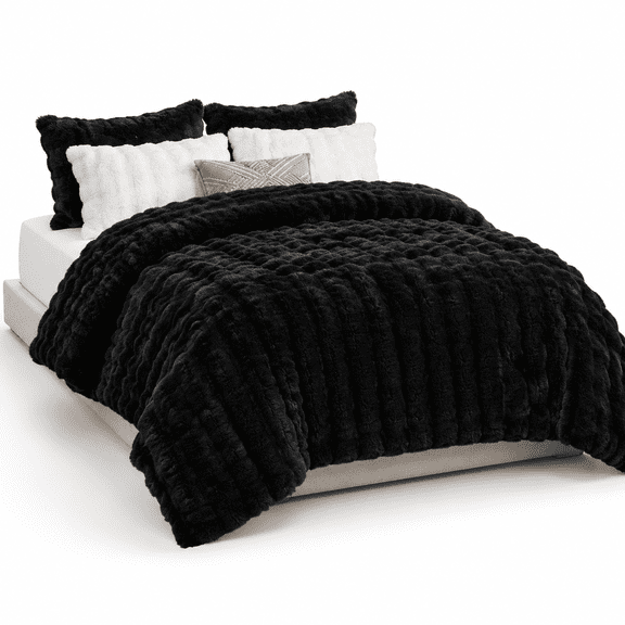Black King Size Faux Rabbit Bubble 3-Piece Bedding Comforter Set