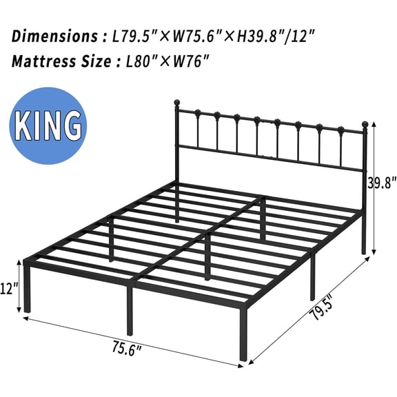Black King Size Metal Bed Frame|Modern Headboard,Heavy Duty Strong Support|Quick Setup|No Box Spring Required,Noise Free,Durable Platform Base