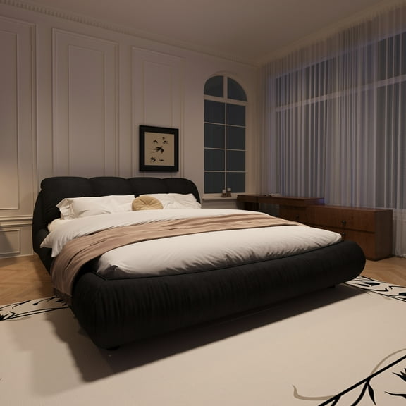Black King Size Upholstered Platform Bed, Firm Solid Wood Structure, Stable Support, No Box Spring Luxury Ergonomic Headboard, Frame And Slats
