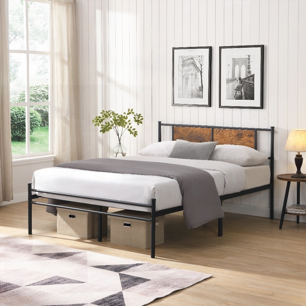 King Size Metal Platform Bedframe with Wood Panel Headboard, Black, for Bedroom