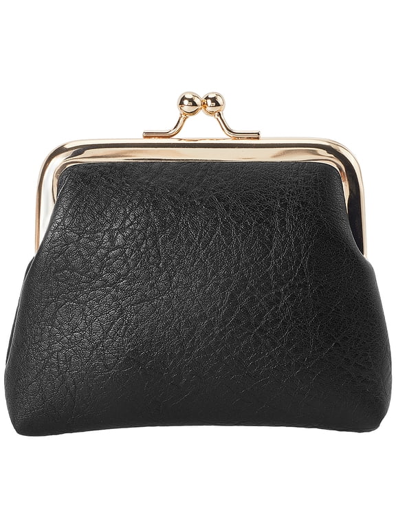 Black Kiss Lock Mini Wallet Vintage Leather Coin Purse Ladies Money Pocket Metal Frame Compact Hand-held Slim Wallet Gift