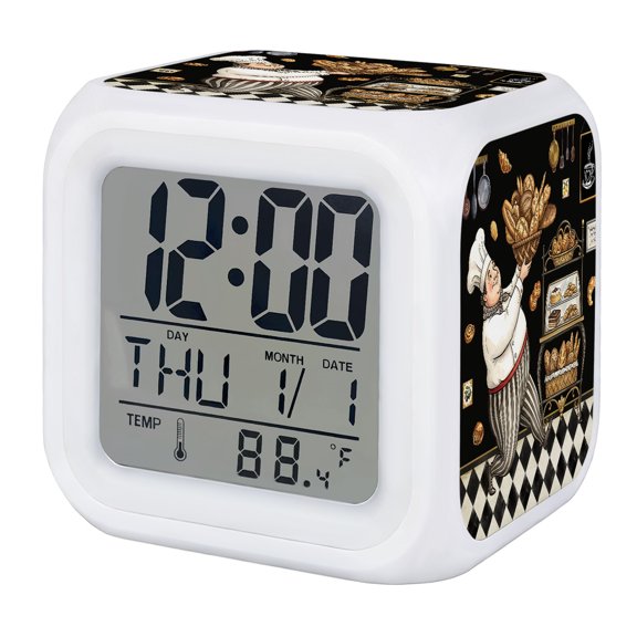 Black Kitchen Baker Digital Alarm Clock for Bedrooms, Smart LED Alarm Clock with 7 Color Changing Night Light, Rustic Chef Cooking Kitchenware Silent Wake Up Clocks for Sleep Study Cooking 3.2"x3.2"