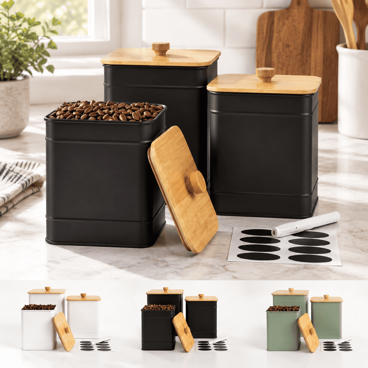 Container For Cabinet Black Kitchen Canister Set of 3, Countertop Food Storage Containers ...