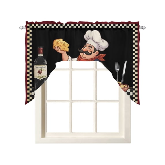 Black Kitchen Chef Swag Curtains for Kitchen Vintage Cheese Wine Coking Checked Valances for Windows Small Window Treatment Short Topper for Cafe Bedroom Bathroom Living Room Decor 56x36 Inch