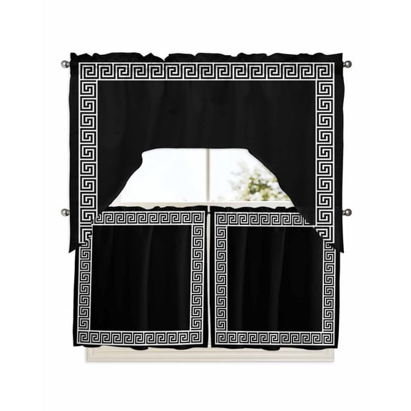 Black Kitchen Curtain and Valance Set 3 Pieces, Rod Pocket Short Tier Curtains 24 Inch Length, Modern Geometric Abstract Art Aesthetics Swag Topper Small Window Treatment for Cafe Bathroom Bedroom