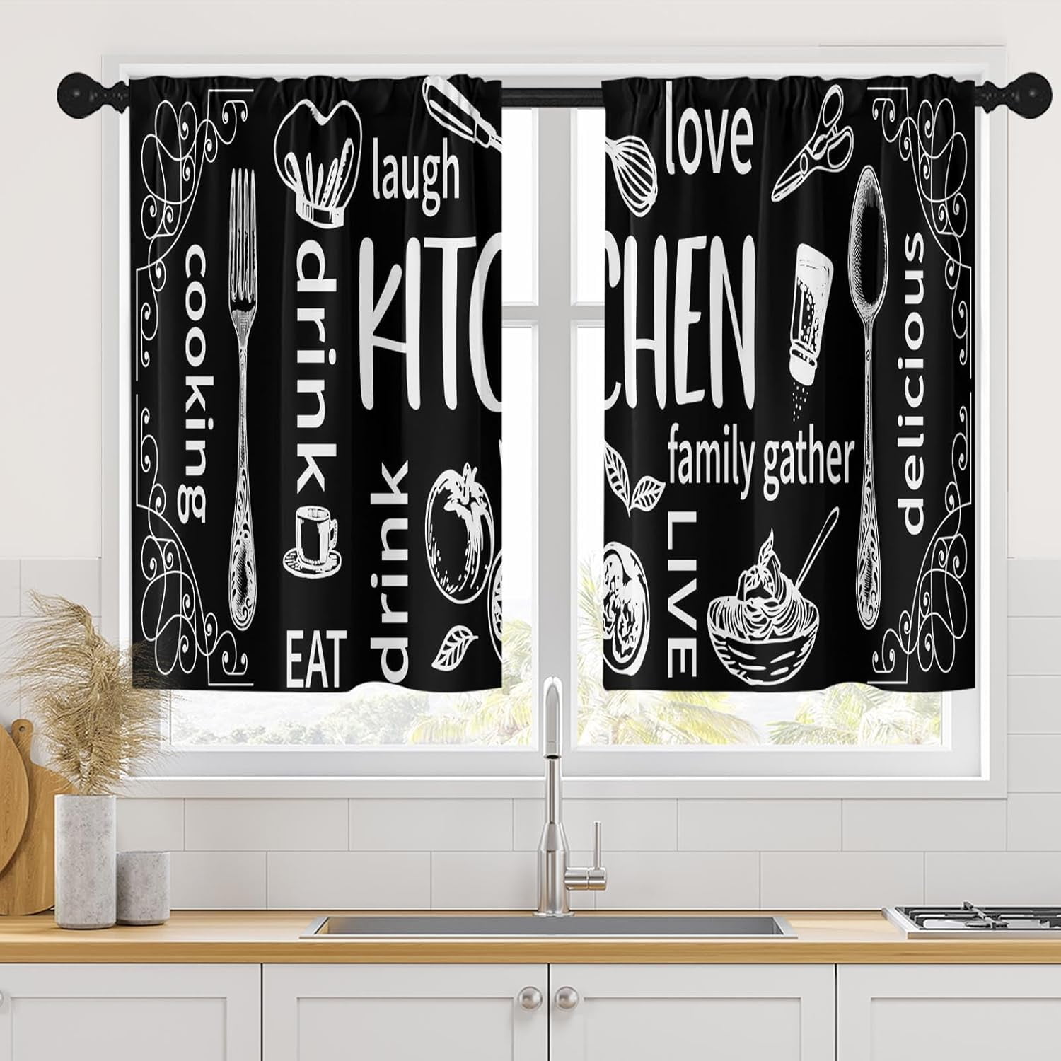 Black Kitchen Curtains 36 Inch Length Doodle Window Short Tier Curtains ...
