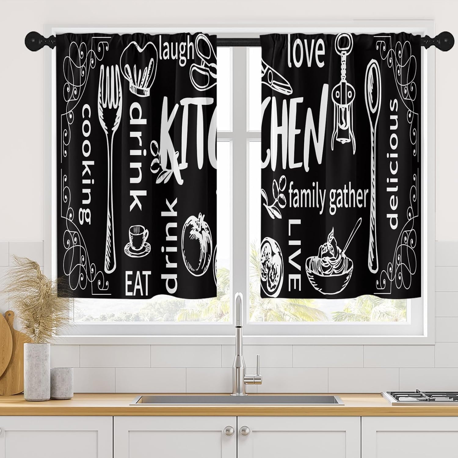 Black Kitchen Curtains 36 Inch Length Kitchen Doodle Window Curtains ...