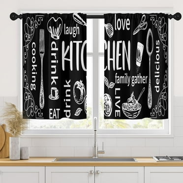 Black Kitchen Curtains 36 Inch Length Kitchen Doodle Window Curtains Over Sink Set of 2, Funny Short Tier Curtain for Kitchen, Abstract Small Kitchen Decor